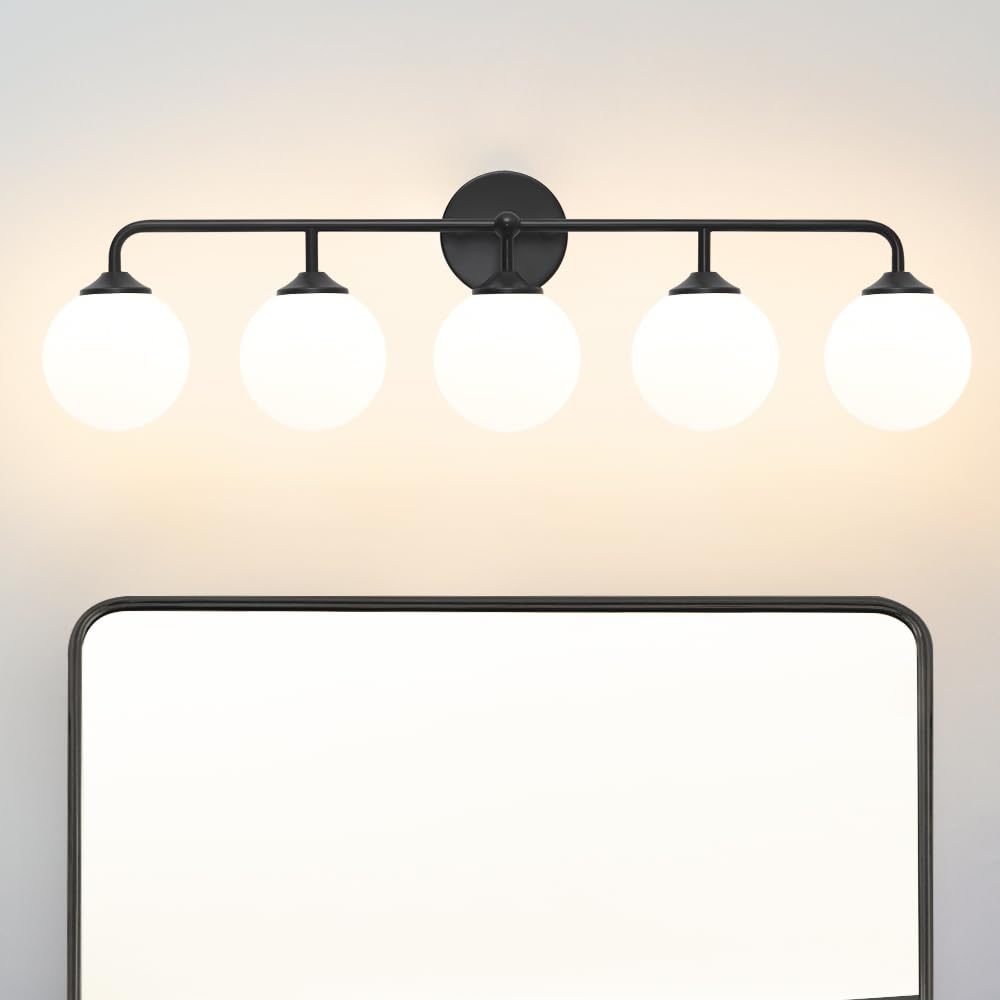 Modern Brushed Brass Bathroom Light Fixtures, Elegant Gold 4-Lights Vanity Light Fixtures, Milky White Globe Glass Shade Vanity Light over Mirror, Wall Sconces for Bathroom Dressing Table Bedroom