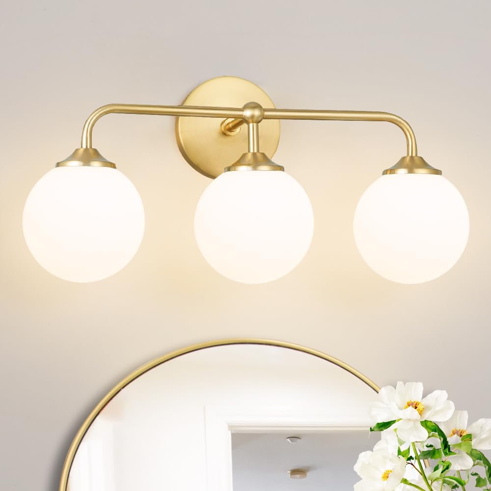 Modern Brushed Brass Bathroom Light Fixtures, Elegant Gold 4-Lights Vanity Light Fixtures, Milky White Globe Glass Shade Vanity Light over Mirror, Wall Sconces for Bathroom Dressing Table Bedroom