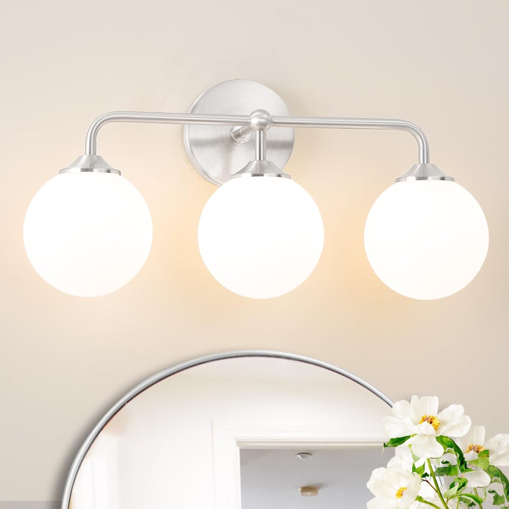 Modern Brushed Brass Bathroom Light Fixtures, Elegant Gold 4-Lights Vanity Light Fixtures, Milky White Globe Glass Shade Vanity Light over Mirror, Wall Sconces for Bathroom Dressing Table Bedroom