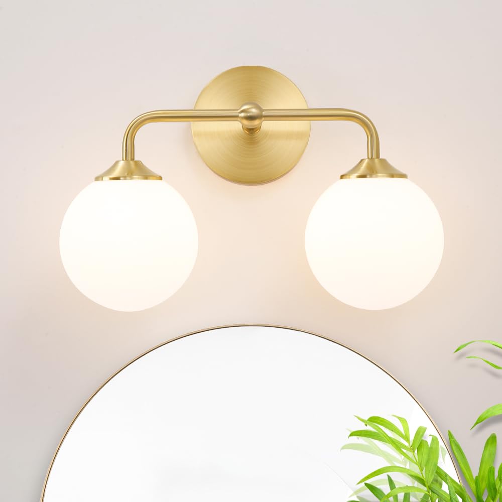 Modern Brushed Brass Bathroom Light Fixtures, Elegant Gold 4-Lights Vanity Light Fixtures, Milky White Globe Glass Shade Vanity Light over Mirror, Wall Sconces for Bathroom Dressing Table Bedroom