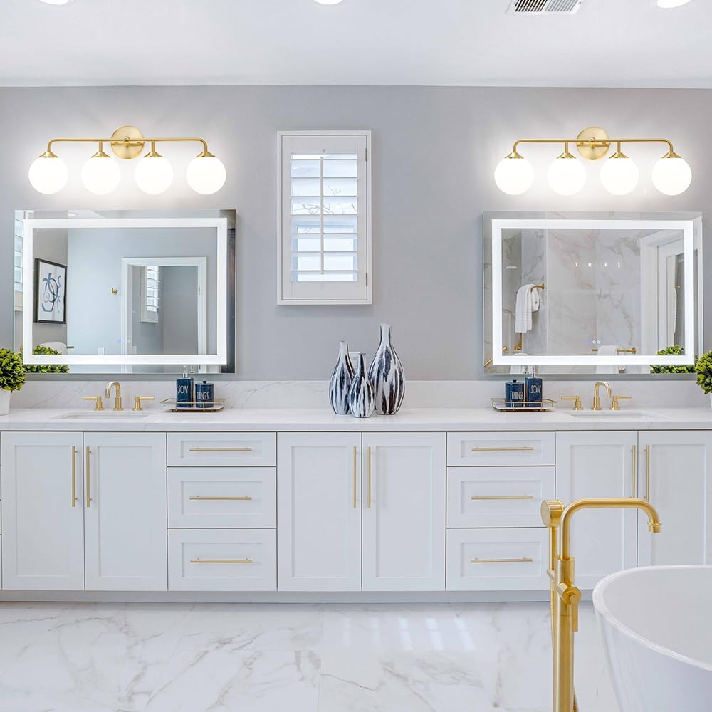 Modern Brushed Brass Bathroom Light Fixtures, Elegant Gold 4-Lights Vanity Light Fixtures, Milky White Globe Glass Shade Vanity Light over Mirror, Wall Sconces for Bathroom Dressing Table Bedroom
