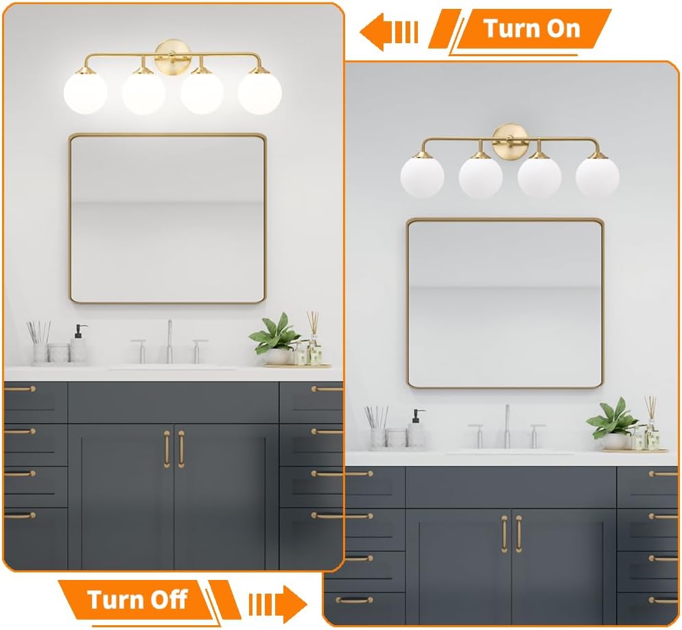 Modern Brushed Brass Bathroom Light Fixtures, Elegant Gold 4-Lights Vanity Light Fixtures, Milky White Globe Glass Shade Vanity Light over Mirror, Wall Sconces for Bathroom Dressing Table Bedroom