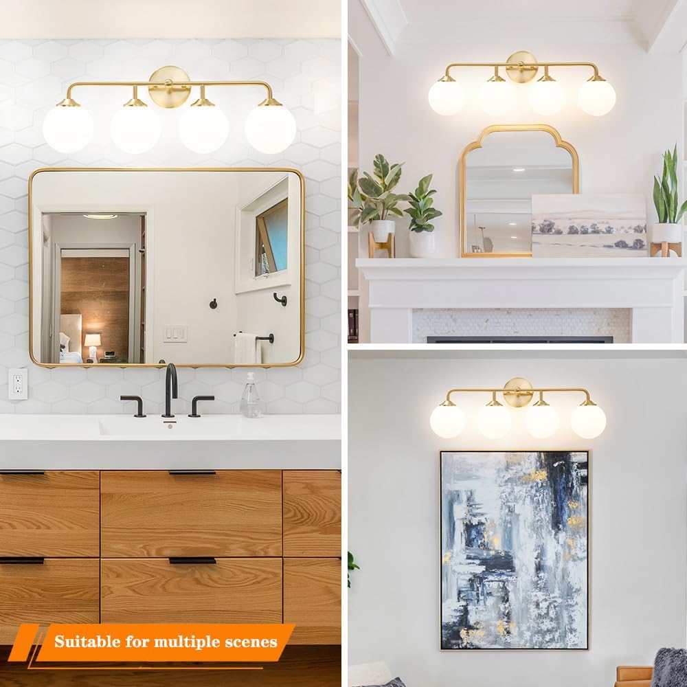Modern Brushed Brass Bathroom Light Fixtures, Elegant Gold 4-Lights Vanity Light Fixtures, Milky White Globe Glass Shade Vanity Light over Mirror, Wall Sconces for Bathroom Dressing Table Bedroom