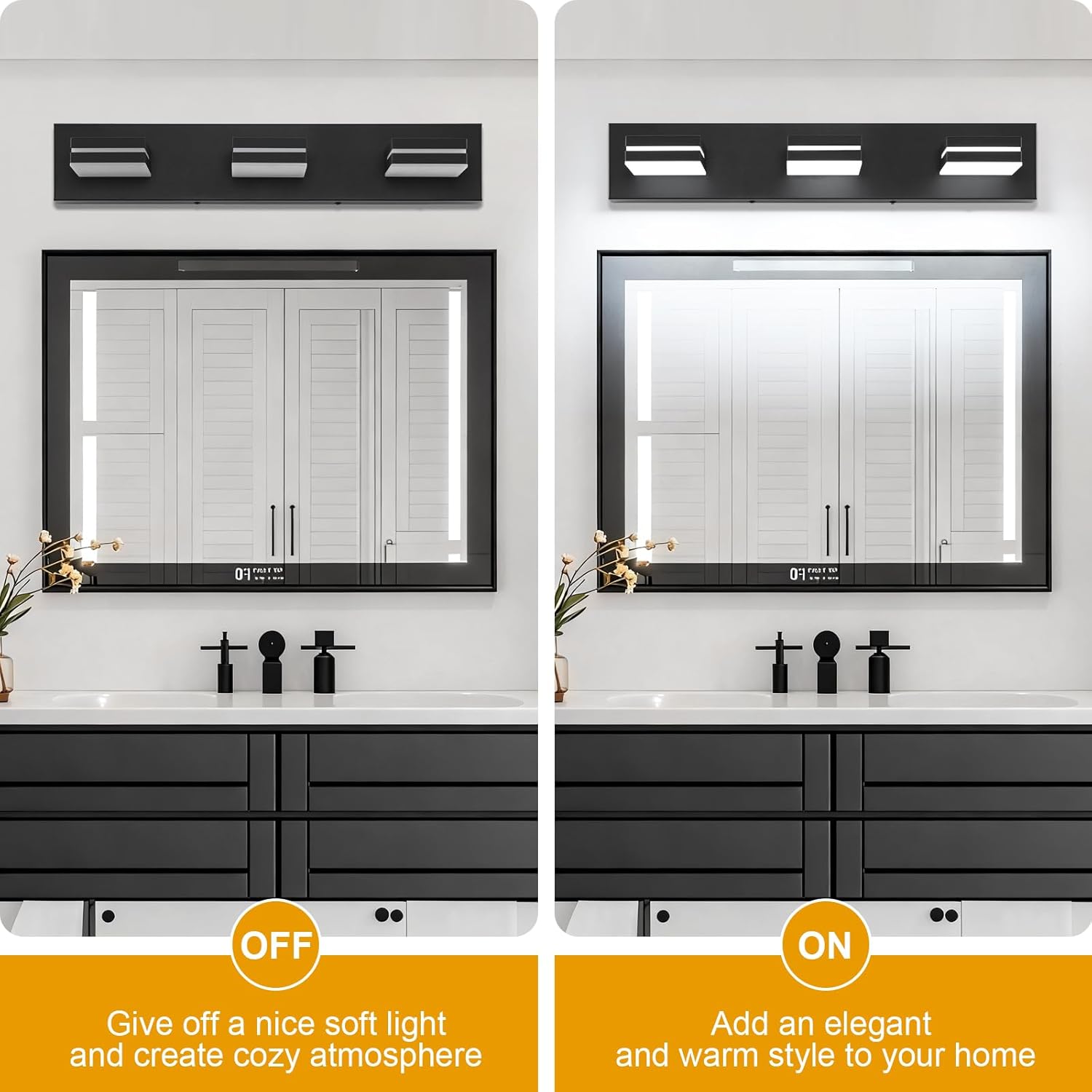 LED Modern Bathroom Vanity Light Fixtures (3-Light, 24-Inch), Matte Black Modern Acrylic Bathroom Wall Lighting Fixtures Over Mirror (Cool White 6000K)