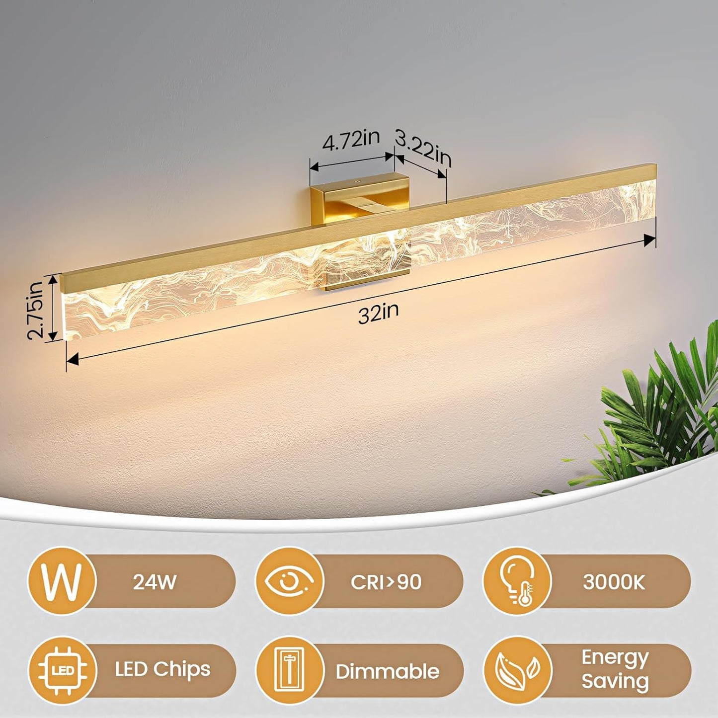 Gold Bathroom Fixtures, 32 Inch Modern Vanity Lights for Bathroom, 24W Dimmable Bathroom Fixtures Over Mirror, Led Vanity Light Bar for Bathroom,