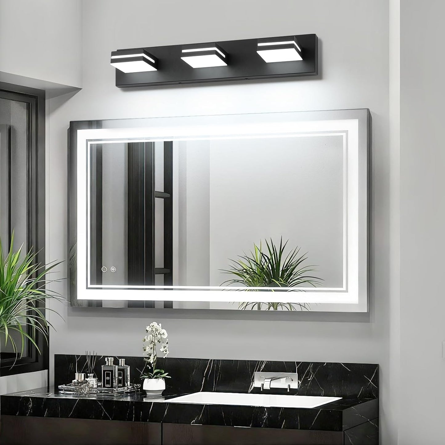LED Modern Bathroom Vanity Light Fixtures (3-Light, 24-Inch), Matte Black Modern Acrylic Bathroom Wall Lighting Fixtures Over Mirror (Cool White 6000K)
