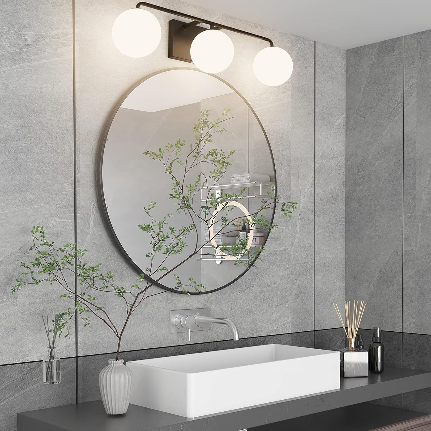 Tipace Mid Century Modern Bathroom Vanity Lights Fixtures 3-Light Black Milk White Globe Glass Industrial Vanity Lighting Over Mirror (Exclude Bulb)